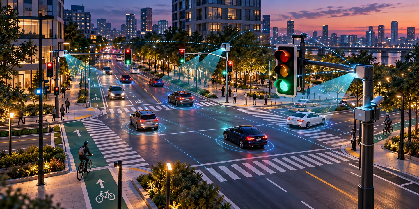 Cruzamento de uma cidade inteligente com semáforos adaptativos, sensores e veículos conectados